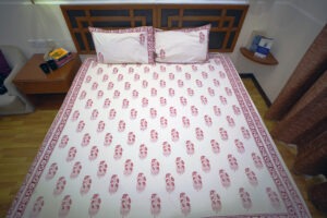 Aeikyam- Pure Organic Cotton- Hand Block Printed- 140 GSMKing Size Bedsheet (108*108)- Luxurious Bedsheet- Red Iris