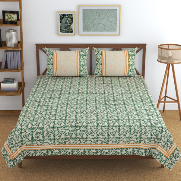 ‘Bagh-e-Bahaar’ — Vastu-Aligned Bedsheet in Green Floral (King Size, 100% Cotton)
